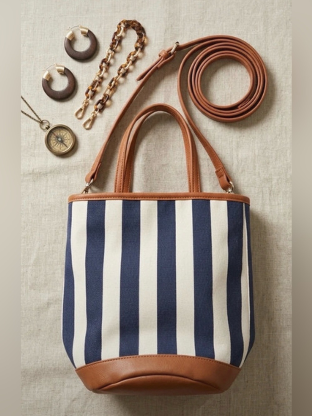 Universal Thread Navy & White Striped Canvas Tote with Brown Trim